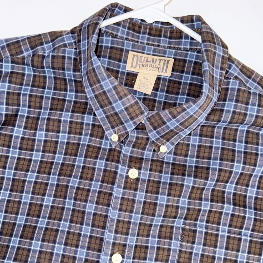 Duluth Trading Co Mens 3XL Plaid Button Down Shirt Blue Brown Long Sleeve Cotton